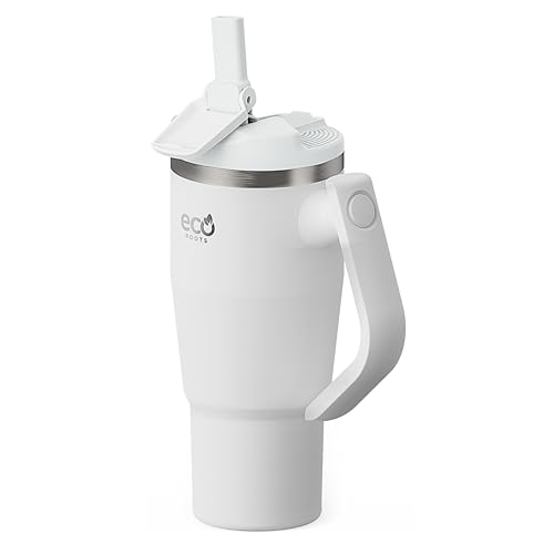 ecoroots ROCKET - Botella Térmica para llevar I Termo con Asa Giratoria I Bebidas Calientes 12 Hrs y Frías 24 Hrs I Botella Agua I Vaso Térmico Deporte, Oficina, Yoga, Viajes (BLANCO SNOW, 940 ml)