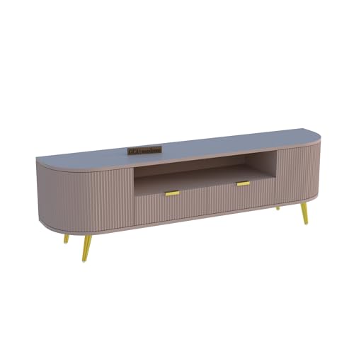 Image of 60L x 16W x 22H Inches Solid Wood TV Unit for Living Room | Modern TV Stand for 55-65 Inch TV | Free Standing Entertainment Cabinet with 2 Drawers (Beige)