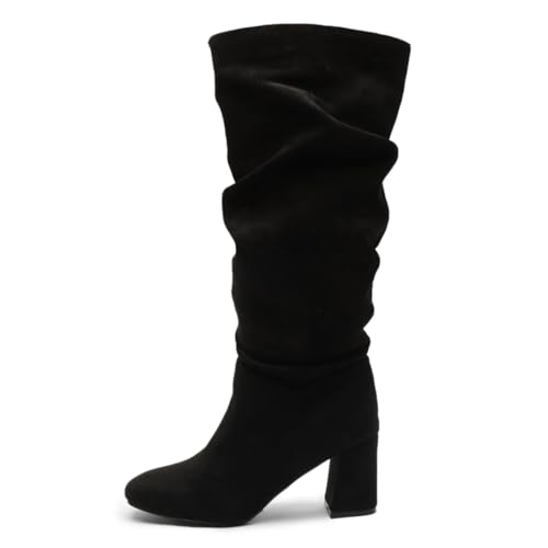 Milooey shoes Women's Slouchy Chunky Mid Heel Wide Calf Boots Fashion Square Toe Knee High Boots Side Zipper Fall Winter Ladies Shoes Size 4-16 Us2