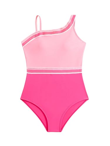 Image of SweatyRocks Girl's One Piece Swimsuit Colorblock Asymmetrical Neck Bathing Suit Swimwear Pink 10Y