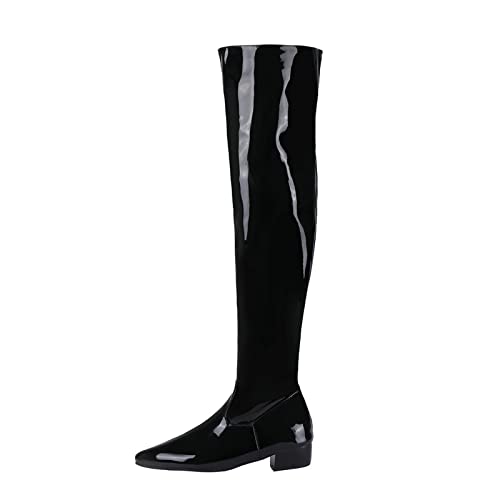 Bottes hautes au genou en cuir verni au design bout pointu et finitions soignées