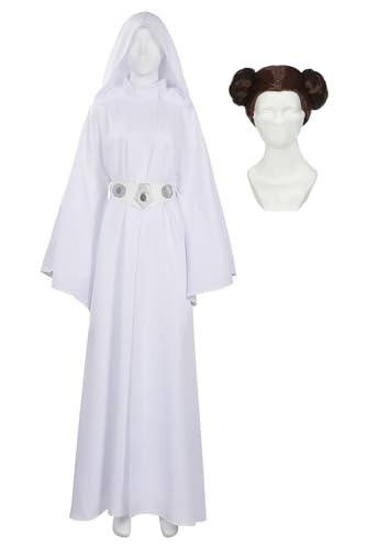 Fortunezone Disfraz de princesa Leia para mujer, vestido blanco largo y princesa Leia, peluca para Halloween