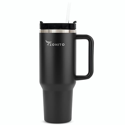 Image of 40 oz Tumbler with Handle and Straw, Vacuum Insulated Stainless Steel Travel Mug, Leakproof Large Cup Keeps Drinks Cold for Hours, Fits Car Cup Holder, Black
