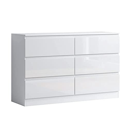 FWStyle Modern 6 Drawer Chest of Drawers No Handle Sleek Design Bedroom Furniture - White Gloss