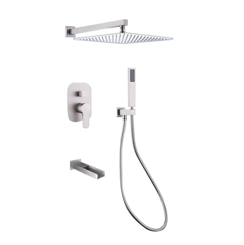 Ducha Empotrada Monomando Conjunto Ducha con Cabezal de Ducha Lluvia Cuadrado 12'' Boquilla de Bañera Ducha de Mano,Cepillado