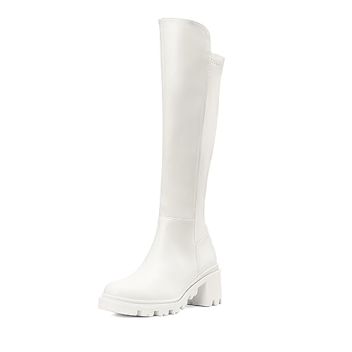 DREAM PAIRS Women's Knee High Boots, Comfortable Platform Round Toe Stretch Boots for Women 8 White