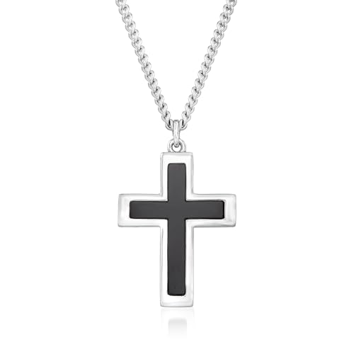 Men's Onyx Cross Pendant Necklace in Sterling Silver and Stainless Steel. 24 inches