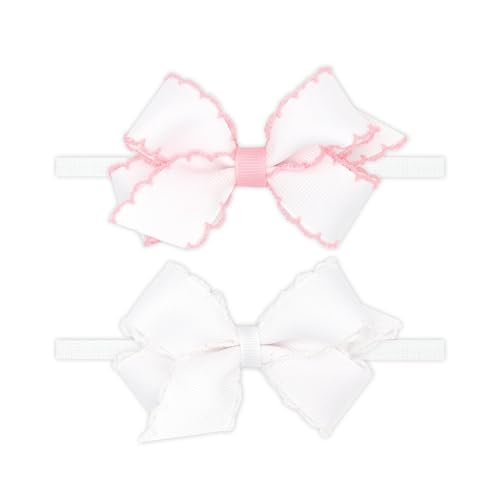 Image of Wee Ones Girls' GIFT PACK Two Mini Moonstitch Grosgrain Bows on Skinny Nylon Band, Mini, Light Pink and White