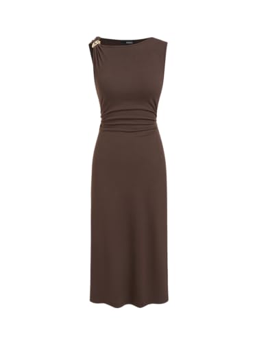 cider brown dress Womens Maxi Dresses Boat Neck Sleeveless with Metal Decor Tie Waist Bodycon Dresses Casual Date Night Outfits at Amazon Women's Clothing store Size:18.5