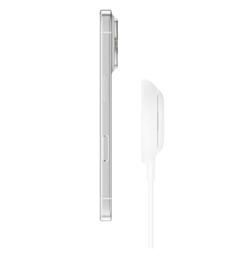 Image of Belkin MagSafe Qi2.2 25W Wireless Charger, Fast Wireless Charging Pad with Kickstand - White | Qi2 25W fast charging with ChillBoost cooling, 2m cable, kickstand, built-in finger loop, 85% recycled plastic housing