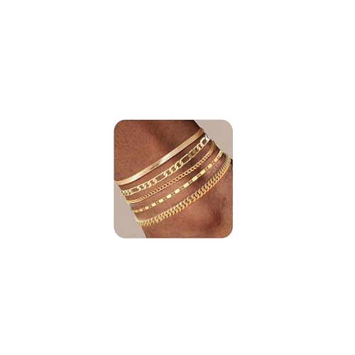 Image of Plus Size Gold Ankle Bracelets for Women Big Ankles, Adjustable Ankle 14K Real Gold Plated Cuban Link Chain Figaro Snake Herringbone Extra Large Anklet Bracelets,Summer Beach Foot Jewelry 10-12inch