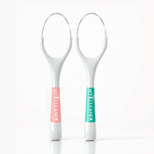 Image of MyTCleaner | Tongue Cleaner for Adults | Stainless Steel Tongue Scraper | Helps Freshen Breath & Supports Oral Hygiene | Rust-Free | Dentist-Designed | Pack of 2 (Aqua Green & Peach)