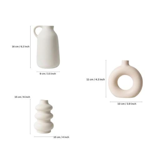Image of Luxury Modern Ceramic Vase Set of 3 | Nordic Minimalist Donut, Jug & Sculptural Design Decorative Flower Vases | Matte White Donut & Sculptural Home Decor for Living Room & Table Styling