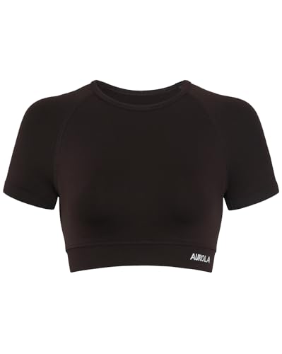 Image of AUROLA Influence Women Crop Top Short Sleeve Compression Workout T-Shirt | Raglan Short Sleeve Crop Top, High-Stretch Seamless Knit, Stay-Put Ribbed Underband, Soft Breathable Comfort