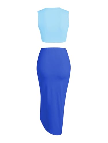 Image of ZAFUL Women's Casual Sleeveless Summer Two Piece Outfits Crop Top and Side Split Draped Ruched Maxi Skirt Set Solid Suiting