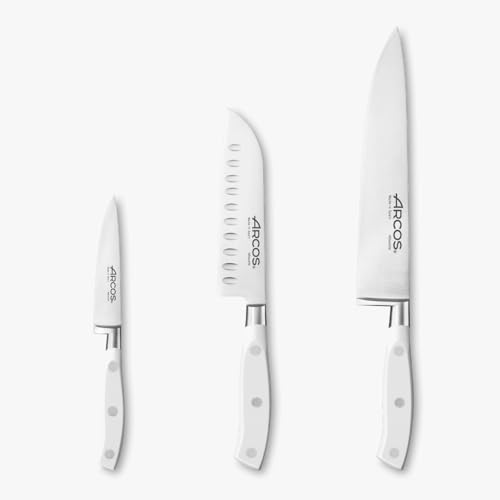 Arcos Juego Cuchillos Forjados 3 piezas   Acero Inoxidable y Hoja mm. 613 gr. Mango ergonómico Polioximetileno POM. Serie Riviera Blanc. Hoja delgada con un Borde Suave característico. Color Blanco.