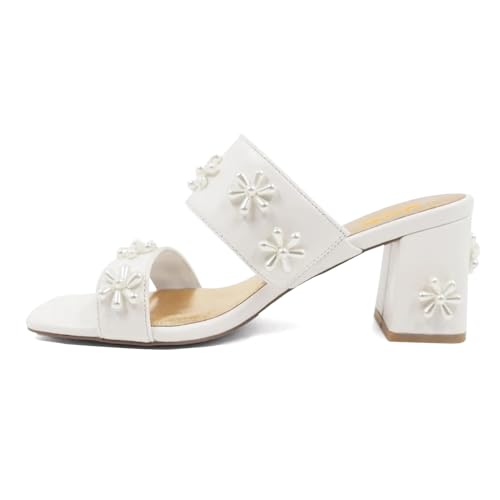 XYD Women Pearl Flower Block Sandals for Bride Wedding Open Toe Mid Heel Mules Double Strap Dress Shoes