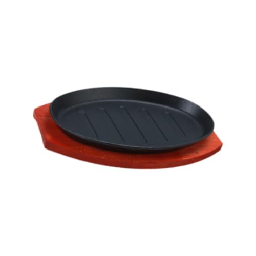 AMSLSIU Padella per grigliare le bistecche, piastra per bistecche in ghisa, piastra antiaderente per cucinare e servire fajitas e di cottura in ghisa, vassoio di legno sfrigolante, 23x14.5 cm