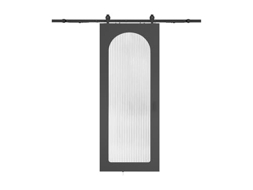 Vente-unique - Porte coulissante avec systéme en applique en bois et MDF - arche noire et verre trempé cannelé - H205 x L83 cm - ODEZA