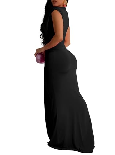 Yuopeid Women's Sexy Sleeveless Deep V Neck Fashion Ruched Bodycon Floor Length Formal Evening Party Maxi Long Dress2