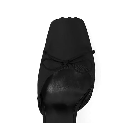 Image of Satin Ballet Heels for Women with Bow Square Toe Ballerina Stiletto Heels Lace Up High Heel Slingback Pumps Strappy Mary Janes Cute Elegant Party Shoes