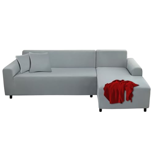 FIGOOO Funda para Sofás Chaise Longue Elásticas Funda Cubre Sofá Brazo Derecho/Izquierdo Ajustables con 2 Fundas de Almohada Lavable Protectora Funda de Sofás para Forma L(3+3 Pieces,Gris Claro)