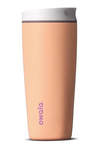 Owala SmoothSip Slider Insulated Stainless Steel Coffee Tumbler, Reusable Iced Coffee Cup, Hot Coffee Travel Mug, BPA Free 20 oz, Peachy Keen