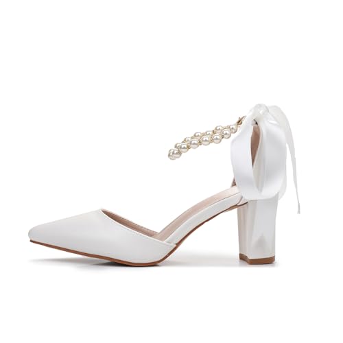 Bridal Shoes for Women White Pearl Heels Leather Closed Toe Pumps 3 Inch Chunky Heel Wedding Shoes for Bridal Heels Wedding Party Evening Casual Wear2
