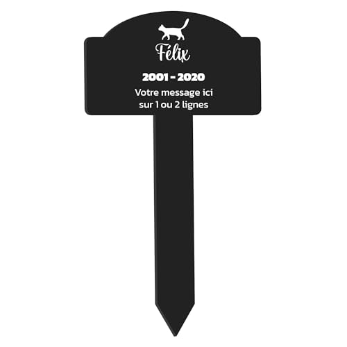 Plaque gravée funéraire pour animaux de compagnie motif Silhouette de chat, à planter 25x14 cm personnalisée 1 à 3 lignes Noir