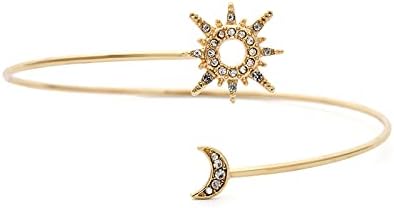 Upper Arm Cuff Armlet Open Cuff Wrap Bracelet Armlet Crystal Sun Moon Arm Bangles Armband Rhinestone Adjustable Leaf Feather Chain Tassels for Women Wedding Costume Jewelry