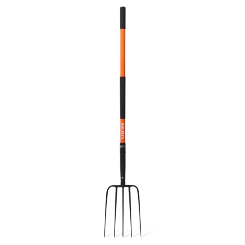 KOLEIYA 5-Tine Pitchfork for Gardening, 57-Inch Heavy Duty Garden Fork with Orange Fiberglass Handle for Compost, Mulch and Manure