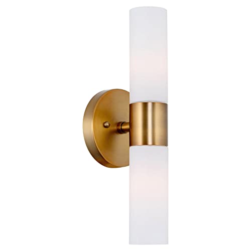 Kira Home Duo 14' Modern Wall Sconce with Frosted Glass Cylinder Shades, Linear 2-Light Wall Light, Warm Brass Finish