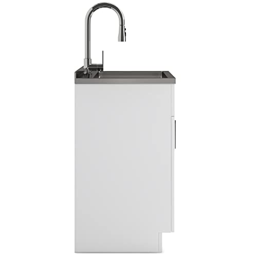 Image of SIMPLIHOME Modern Wide Shaker 24 inch Wide Stainless Steel Sink Laundry Cabinet | Transitional laundry cabinet with a high-arch chrome faucet for laundry rooms; Modern Wide Shaker utility sink or wash tub.