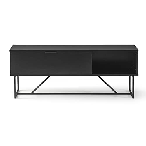 Flow Media Console, Modern And Minimalist Tv Stand For Tvs Up To 60", Space Saver With Open Shelf And Soft Close Cabinet, Wood Frame And Steel Legs, Easy Assembly, European Made (Black) #TOP5