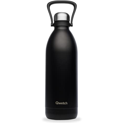Qwetch - Botella Térmica Grande Inox 2L Negro Titan - 48h Frío y 16h Caliente - Hermética & Sin BPA - Cantimplora de Acero Inoxidable con Asa - Termo para Camping, Picnic, Familia