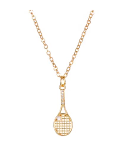CrownOfRibbons Collier avec pendentif raquette de tennis, accents de cristal, ton or, taille unique, Métal Cristal Métal Cristal Perle synthétique, Cristal
