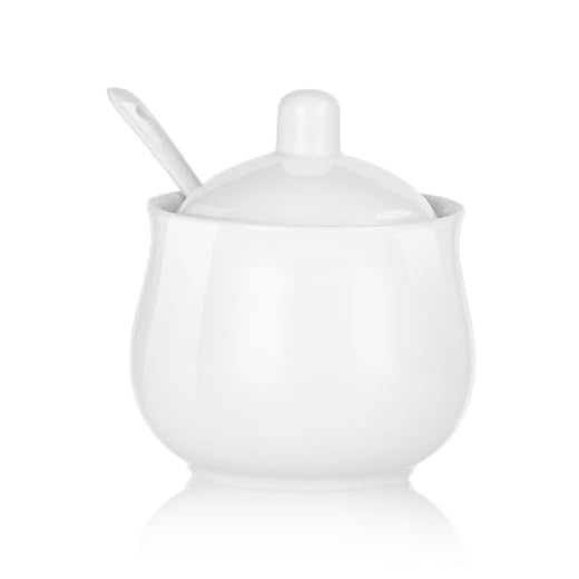 Yelife Ceramic Sugar Bowl with Lid and Spoon, White Porcelain Sugar Salt Pepper Storage Jar, 7 Ounces