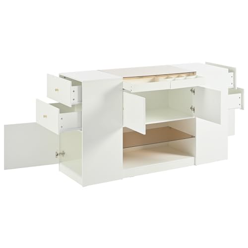 RuiSiSi Modern Armoire Bedroom Island with Drawers Glass Top, Multi-Function Closet Island with Display Shelf & 6 Drawers, Wooden Storage Cabinet for Walk in Closet Wardrobe, Bedroom, White