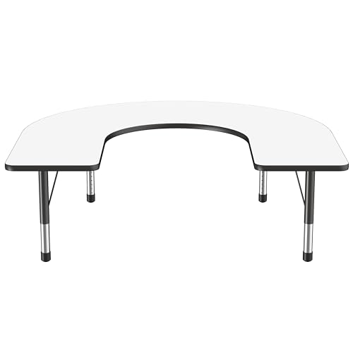 Image of FDP Dry-Erase Horseshoe Activity School and Classroom Kids Table (60 x 66 inch), Chunky Toddler Legs for Collaborative Spaces, Adjustable Height 15-24 inches - Whiteboard Top /Black Edge