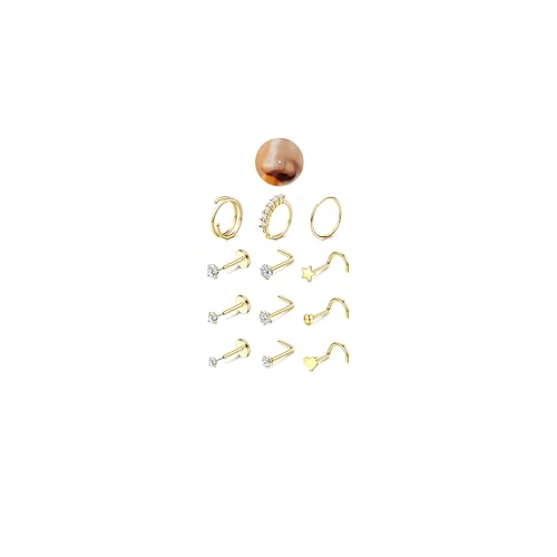JeryWe Nose Rings for Women - 14K Gold Filled Hypoallergenic Surgical Steel Nose Ring Hoops CZ Lip Ring Screw L Shaped Studs Threadless Flat Back Stud Nose Piercings Jewelry for Women Men CZ