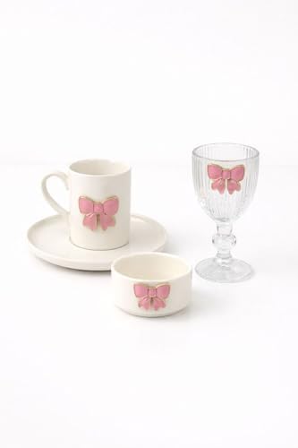 YzHome 2 Kişilik Porselen Kurdele Fincan Takımı, 2 Porselen Lokumluk, 2 Cam Bardak, Pembe yz.kurdeleset2-2-2 - Görsel 2