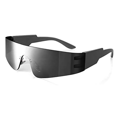 Crazy Feng Rimless Futuristic Wrap Around Sunglasses Women Men,Cyberpunk Visor Sunglasses Shades Colorful Fashion Eyeglasses (Black Sunglasses) Cover