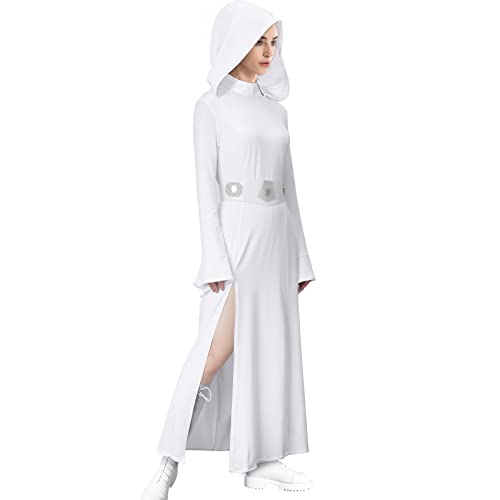 LIKUNGOU Adulto Mujeres Leia Disfraz Blanco Vestido Túnica con Capucha Cinturón Desmontable Carnavales Halloween Tema de la Fiesta Cosplay Outfit para Fans (XXL)