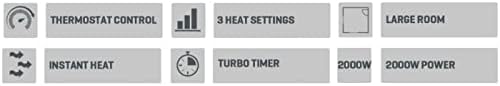 Icons representing heater features: Thermostat Control, 3 Heat Settings, Large Room, Instant Heat, Turbo Timer, 2000W Power