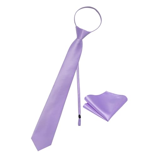 Image of YourTies Zipper Tie for Men Adjustable Pre-tied Satin Neckties and Pocket Square Set Solid Color Business Formal Wedding