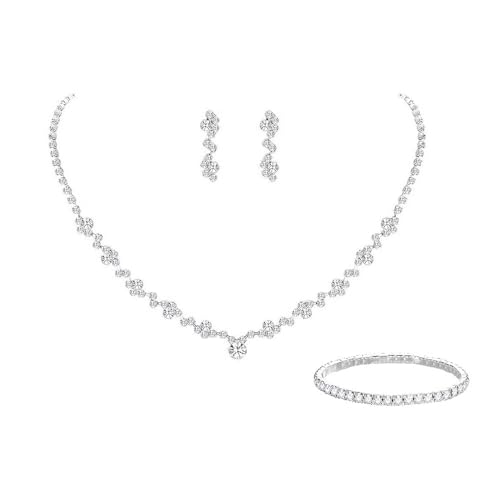 MoBunnly Silver necklaces, earrings, and bracelets comprising a crystal wedding jewelry collection, designed for brides, bridesmaids, as well as dance party costumes and accessories