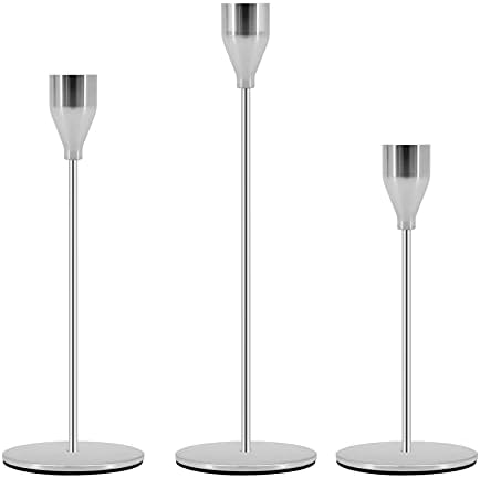 Candle Holders Set of 3, Candlestick Holder for Taper Candles, Taper Candle Holder for Wedding, Party, Dinning (Silver)