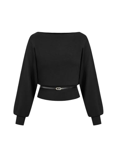 Image of CIDER Cropped Knit Sweater Women Boat Neck Belted Pullover Black