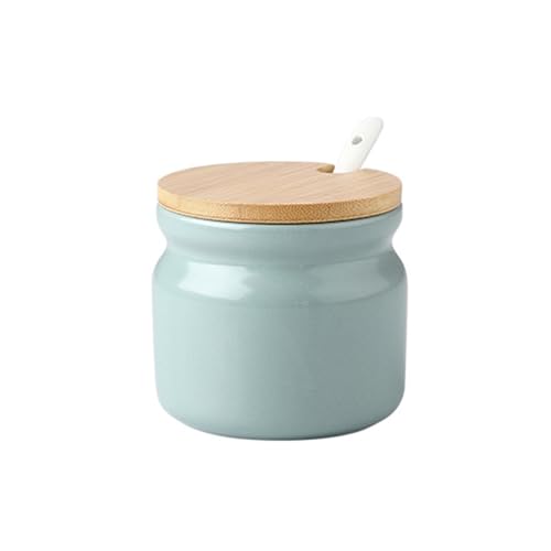 Jarsense Ceramic Sugar Bowl, 300ml Sugar Pot with Wooden Lid and Spoon, Spice Jar for Salt, Sugar, Coffee, Tea, Seasoning Box for Home Kitchen Coffee Bar - Light Green