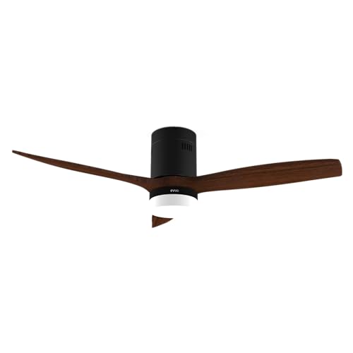 EVVO Ventilador de Techo V552 Dark Wood 132 cm (52"), Luz LED 3 Tonos, Motor 40W DC Silencioso, Aspas Blancas, Mando a Distancia, Modo Invierno/Verano, Temporizador